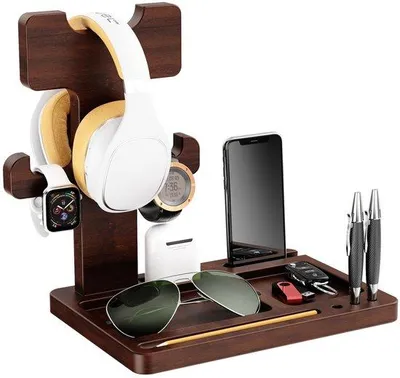 Produktbild von Unyqoos® Massivholz-Kopfhörerständer – Headset-Ständer mit Schublade & seitlichen Haken, platzsparend für Kopfhörer bis 8,5 cm Breite / 25 cm Höhe
