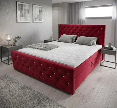 Produktbild von Boxspringbett mit kristallen CARMEN II 160x200cm Amor Velvet 4330 Rot Bett mit zwei Bettkästen und H3 Matratze,Komplett-Set mit Matratze und Topper