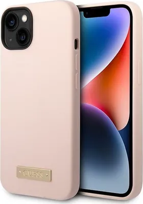 Zdjęcie produktu dla Etui Guess Silicone Logo Plate MagSafe na iPhone 14 Plus - różowe