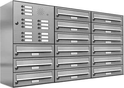 A stainless steel mailbox system with multiple mail slots and an intercom panel.