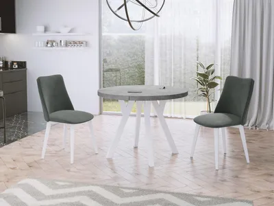 Produktbild von Designer Runder Ausziehbarer Esstisch - Loft-Stil, Industriell, Platzsparend - Weiße Beine - 100 bis 200 cm - für 5-10 Personen - Hergestellt in Polen - Beton Grau - 200 cm