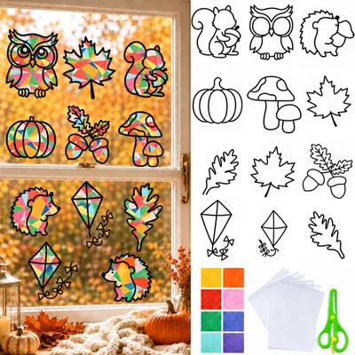 Herbst-Bastelset für Fensterbilder, 12 Motive, 32 PET-Sticker