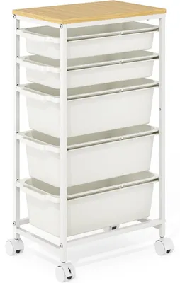 Immagine prodotto di Carrello con 5 cassetti e piano in legno, colore bianco