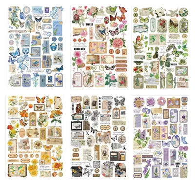 Scrapbooking-Sticker Vintage Blumen Schmetterling, 6 Bögen, Washi-Papier