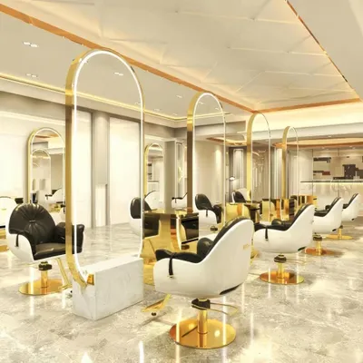 Produktbild von Frisierplatz Frisierkonsole mit LED-Spiegel doppelseitig 190x80 cm Gold auf Steinsockel - Friseur Barber Kosmetik