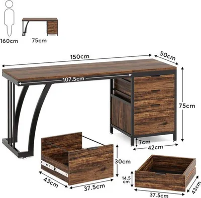 Image de Bureau d'ordinateur - 150 cm - Style bois imitation - Avec 3 tiroirs - Style industriel