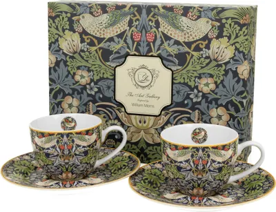 Produktbild von DUO ART GALLERY 2er-Set Espressotassen 90 ml STRAWBERRY THIEF BLUE mit Untertassen, New Bone China Porzellan