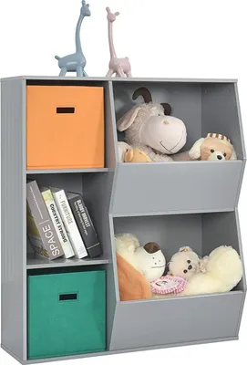 Produktbild von Bücherregal für Kinder, 3-stöckiges Kinderregal mit 2 Boxen und 5 Fächern, Spielzeugregal, Holzaufbewahrung für Kinderzimmer Schlafzimmer, 76 x 28 x 94 cm (grau, 5 Fächer)