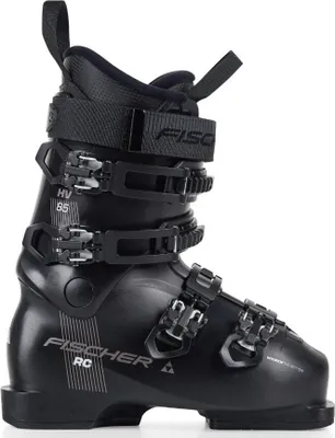 A black ski boot shown from a side-angle against a white background.