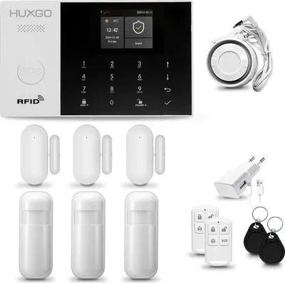 Produktbild von HUXGO HXA005 Alarmanlage Haus WiFi + GSM 4G mit Sirene, Alarm System mit 3x Bewegungssensor und 3x Tür- Fenstersensor, Alarmanlage für Wohnung, Haus, Garage, Tuya Smartlife App