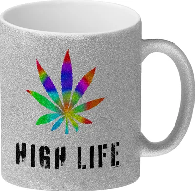 Produktbild von High Life Glitzer-Kaffeebecher mit Marihuanablatt in bunt