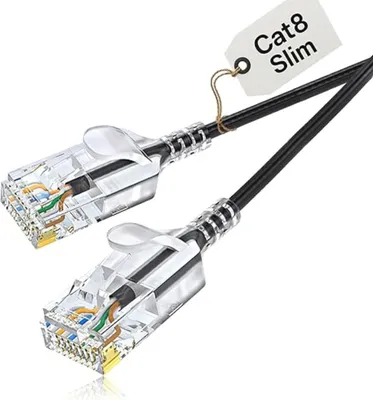 Produktbild von Elfcam - 2 m Slim Ethernet-Netzwerkkabel Cat 8 Rund Schwarz LAN WAN SFTP 32AWG, 2000 MHz 40 Gbps mit Hochwertigen RJ45-Steckern