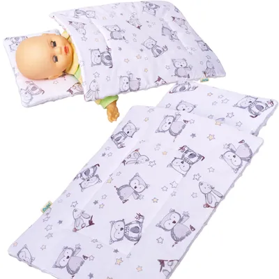 Produktbild von Puppenbettwäsche aus Minky/Baumwolle Puppenbettzeug BOBO - Sterne und Eulen