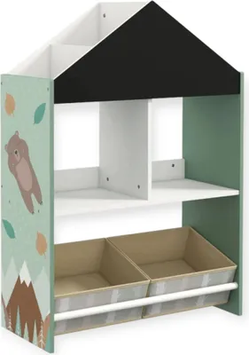 Image de Étagère pour enfants en forme de maison avec tableau à craies et espace de rangement, organisateur de jouets