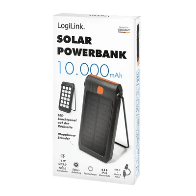 Produktbild von LogiLink Solar Power Bank 10.000mAh 18W PD schwarz