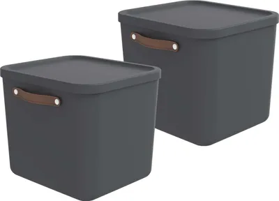 Two dark gray storage boxes with brown handles are shown against a white background.