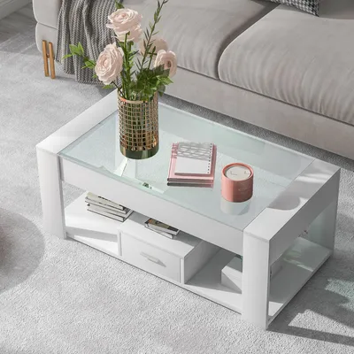 Produktbild von STILVORA Couchtisch mit Glasplatte und Stauraum,Kaffeetisch mit Schließfächern und Schublade,Sofatisch aus Holz,Weiß