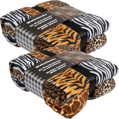 Produktbild von Kuscheldecke Felloptik 200x150cm im 2er Set Tierfell Zebra Tiger Giraffe Leopard