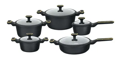 Produktbild von EDENBERG Schwarze Töpfe INDUKTION GLASDECKEL Kochtopf Topfset Keramik und Pfanne ,Gold , EB-5656 Töpfe beschichtet, Kochtopf Set| Kochgeschirr Set