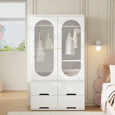 Produktbild von Kinder-Kleiderschrank mit 2 bogenförmigen Hartglastüren, 2 Hängezonen und 4 Schubladen, Weiß, 80 x 42 x 142 cm