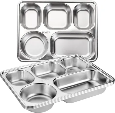 Produktbild von Set aus 3 Edelstahl Teller, 5 Fächer, lebensmittelecht, BPA-frei, für Portionskontrolle