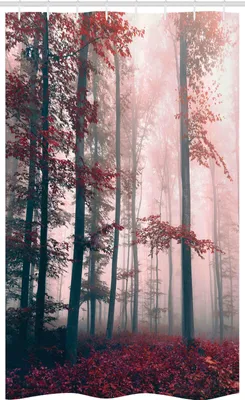 Obrázek produktu pro ABAKUHAUS Les Úzká sprchová záclona, podzimní příroda Woods, dekorativní sada do koupelny z látky s háčky, 120 x 180 cm, červená, šedá a hnědá