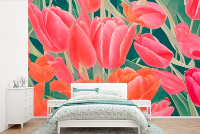 Produktbild von MuchoWow® Fototapete für Wohnzimmer oder Schlafzimmer Wandtapete Vinyl Motivtapete Tulpen - Blumen - Rosa - Rot - Kunst - 600x400 cm - Vinyltapeten