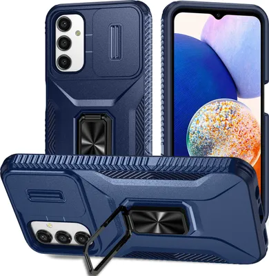 Produktbild von Handyhülle für Samsung Galaxy A14 5G 4G Dual Layer Hülle mit Schiebe Kamera Schutz und Ringhalter Ständer Blau