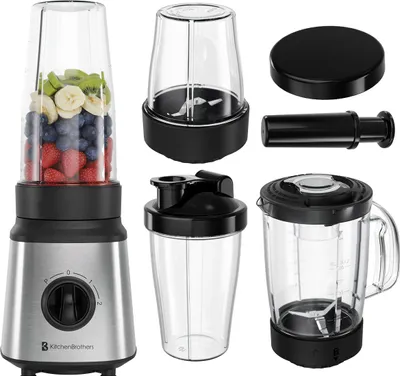 Produktbild von KitchenBrothers Standmixer - Komplettset - 2x 750ml Behälter - Zerkleinerer - Stampfer - To-Go Becher - Edelstahl