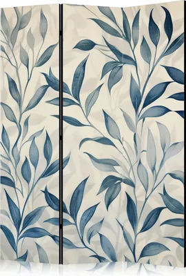 Produktbild von 3-teiliger Doppelseitiger Vlies Paravent - Leaves in Blue Colors - Delicate Botanical Motif 135x172 cm Blumen f-H-10012-z-a
