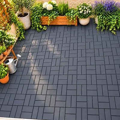 Produktbild von 44 Stück PP-Terrassenfliesen 30x30x2 cm, 4 m², Klickfliesen mit Flechtmuster, Drainage, rutschhemmend & wetterfest, für Balkon & Terrasse, Grau