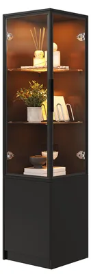Zdjęcie produktu dla Wystawa szklana, 40 x 40 x 160 cm, narożna, z oświetleniem LED sterowanym za pomocą aplikacji, drzwi ze szkła hartowanego z ramą aluminiową, półki szklane i zamknięta przestrzeń do przechowywania, kolor czarny