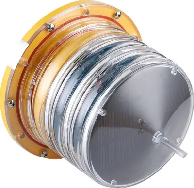 A close-up, angled view of a cylindrical solar-powered marine light.
