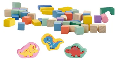 Produktbild von Sechs Holzbausteine Dinosaurier, 50 Stück.