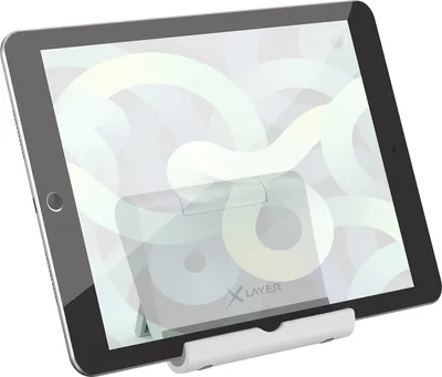 A tablet stand holding a tablet, shown from a slightly angled front view.