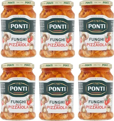 Produktbild von 6x Ponti Funghi Prataioli alla Pizzaiola in Olio di Semi di Girasole Pizzaiola-Pilze in Sonnenblumenöl 280g Glas