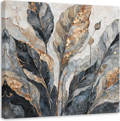 Produktbild von Leinwandbild Abstrakte Blätter Grau Gold 60x60 Feeby Silber bild für die wand bereit zum aufhängen