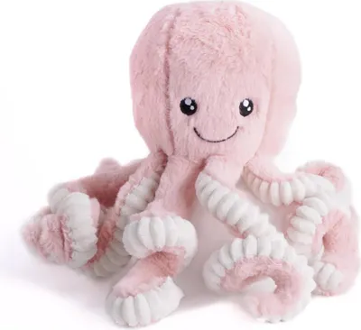 A pink plush octopus toy is shown against a white background.