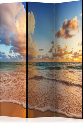 A three-panel room divider displaying a serene beach scene at sunrise or sunset.
