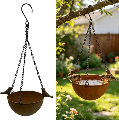 Produktbild von Metall Vogeltränke hängend, rostfrei & wetterfest, Futterstation für Garten, Balkon & Terrasse, dekorativer Vogelnapf