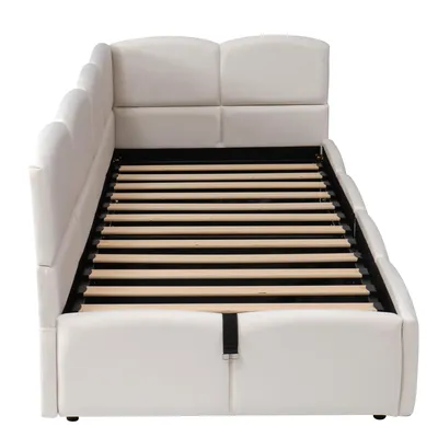 Produktbild von Flieks Hydraulisches Polsterbett 90x200cm mit Stauraum, Schlafsofa Tagesbett mit USB & Type-c, Stauraumbett Einzelbett, Samt, Beige