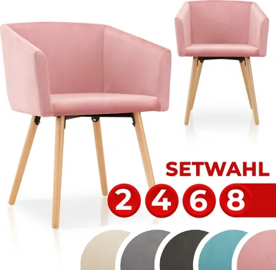 Collage of pink velvet armchairs with wooden legs, showing different set options and color variations.