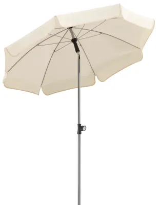 A cream-colored umbrella on a pole, shown against a white background.
