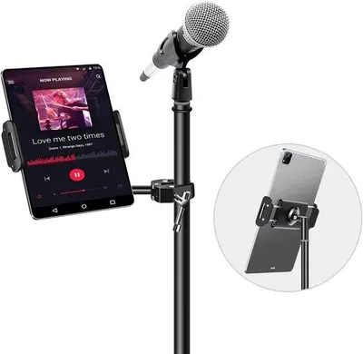 Obrázek produktu pro Kovový držák pro iPad na mikrofonní stojan - Otočný a naklápěcí - 1 kus - Černá - Kov