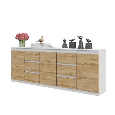 Produktbild von Kommode 200 Cm – Weiß Matt / Eiche Wotan, 6 Schubladen, 3 Türen, 3 Einlegeböden, Set Aus Zwei Kommoden, Wohnzimmer