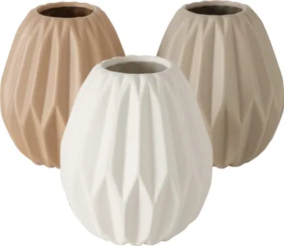 Produktbild von Deko Vase 3er Set Gemometrisches Design aus Keramik Matt Höhe 13 cm Blumenvase Tischddekoration Modern und Dekorativ Beige