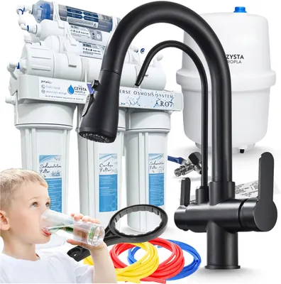 Zdjęcie produktu dla Bateria kuchenna trójdrożna Ari Nordic z wyciąganą wylewką, obrotowa 360, czarny mat, do filtra wody