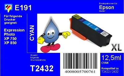 Produktbild von E191 - TiDis Ersatzpatrone - cyan - mit 12,5ml Inhalt ersetzt T2432XL