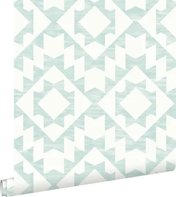 Immagine prodotto di ESTAhome carta da parati tappeto aztec ibiza Marrakech verde menta pastello chiaro grigiastro e bianco opaco 53 cm x 10.05 m