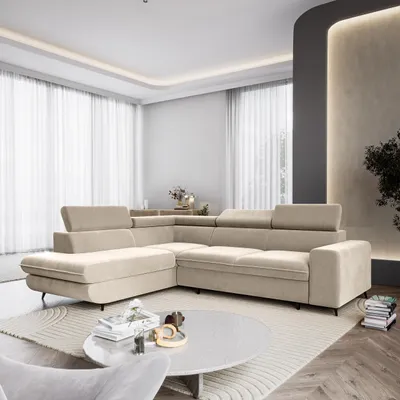 Produktbild von Masseno Ecksofa VELISS mit Schlaffunktion L-Form, Sofa mit Bettkasten, Wohnzimmersofa, Couch, Soffa, Bettsofa, Couchgarnitur- Creme, CASTEL 03